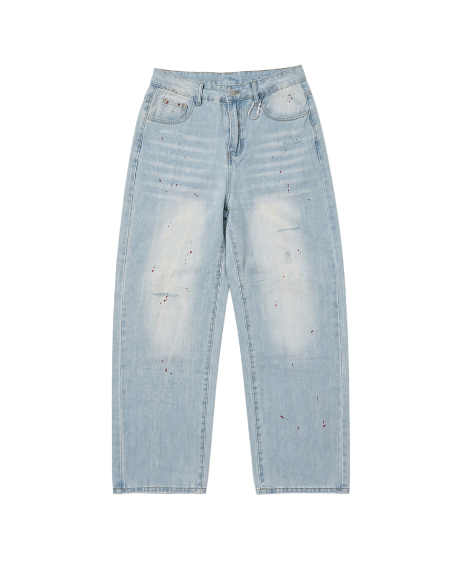 Sandwashed Printed Denim Jeans Blue