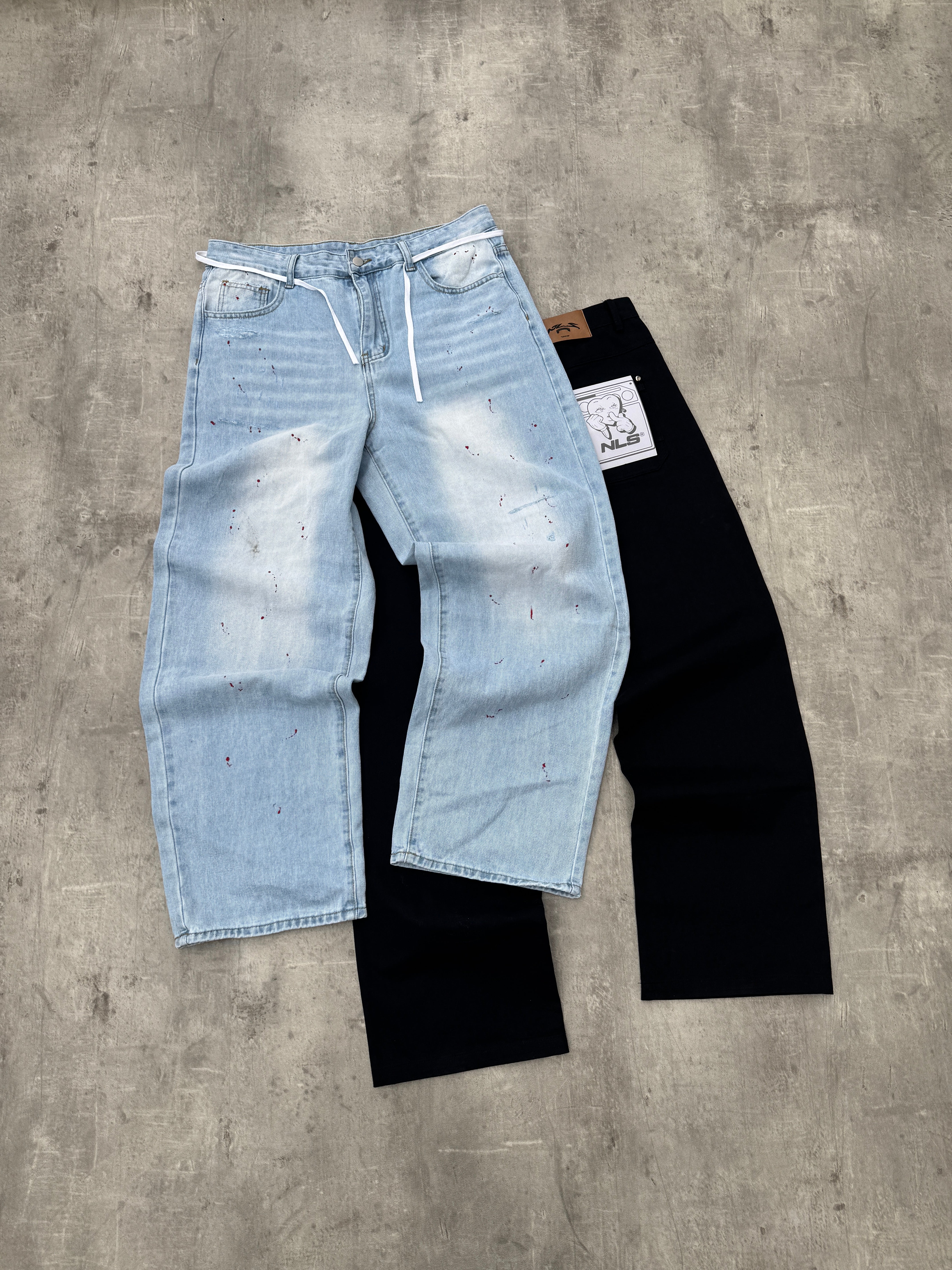 Sandwashed Printed Denim Jeans Blue